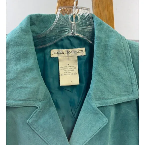 Jessica Holbrook Women’s Suede Leather Jacket Sz. M VG+ Washable Teal - Picture 3 of 8